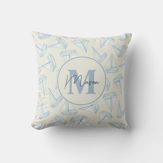 Nautical Sailing Boats | Custom Name & Monogram Throw Pillow (Front)