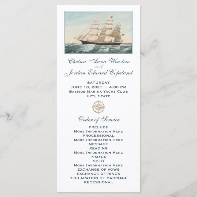 Nautical Sailing Clipper Ship | Wedding Program (Front)