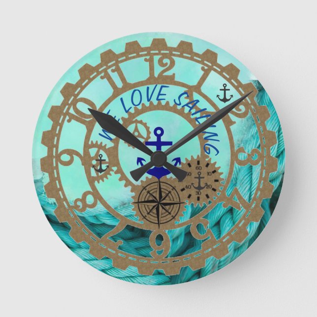 Nautical Sailing Clock Aqua and Gold Gears (Front)
