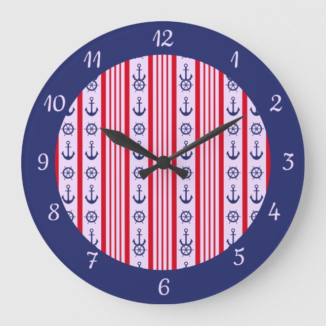 Nautical Sailing Red Blue Boat Anchor  Large Clock (Front)