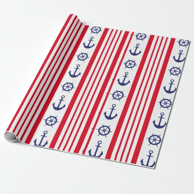 Nautical Sailing Red White Blue Stripe Boat Anchor Wrapping Paper (Unrolled)