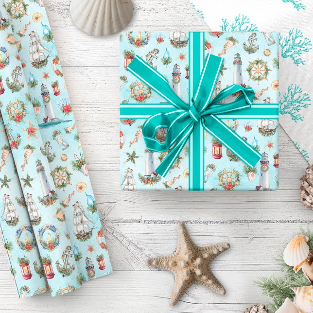 Nautical Sailing Ship Christmas Watercolor Ocean Wrapping Paper (Creator Uploaded)