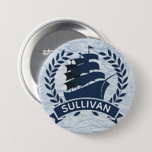 Nautical Sailing Ship   Ocean Waves Personalized 3 Inch Round Button
