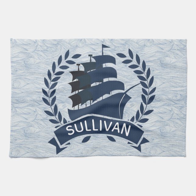Nautical Sailing Ship | Ocean Waves Personalized Kitchen Towel (Horizontal)