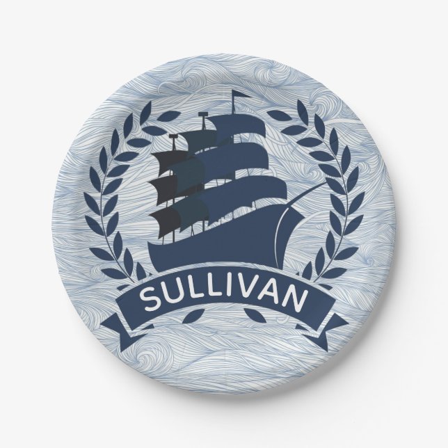 Nautical Sailing Ship | Ocean Waves Personalized Paper Plate (Front)