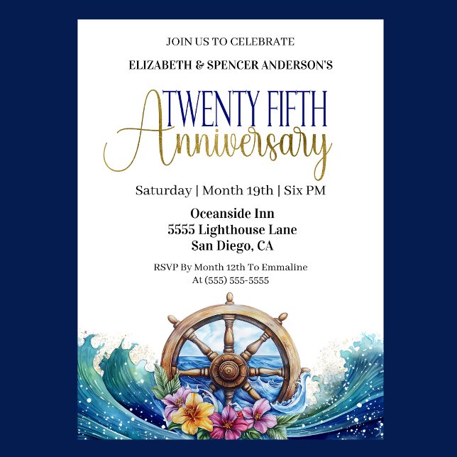 Nautical Sailing Wheel 25th Wedding Anniversary Invitation (Nautical 25th wedding anniversary invitation with ship wheel, ocean waves, and tropical flowers )