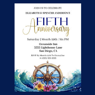 Nautical Sailing Wheel 5th Wedding Anniversary Invitation