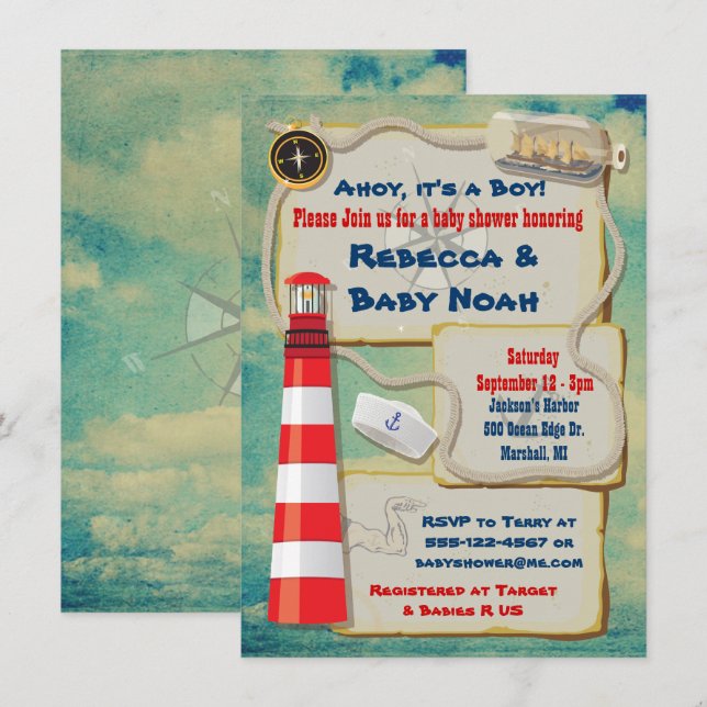 Nautical Sailor Baby Shower Invitations (Front/Back)