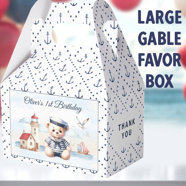 Nautical Sailor Bear 1st Birthday Large Gable Favor Box (Sailor Bear Large Gable Favor Boxes -  You can choose from 3 sizes of these gable favor boxes)