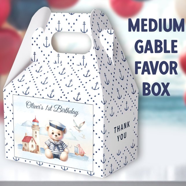 Nautical Sailor Bear 1st Birthday Medium Gable Favor Box (Sailor Bear Medium Gable Favor Boxes -  You can choose from 3 sizes of these gable favor boxes)