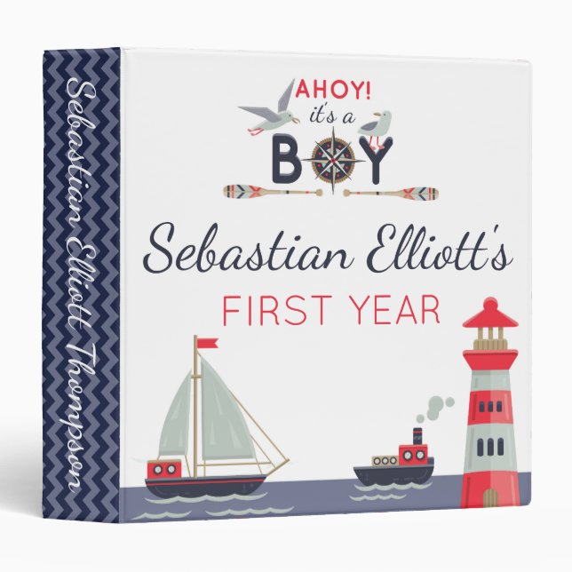 Nautical Sailor Boat Baby Boy First Year Scrapbook Binder (Front/Spine)