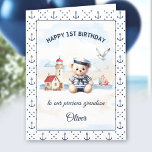 Nautical Sailor Cute Bear 1st Birthday Boy Card<br><div class="desc">Nautical 1st Birthday folded card featuring an adorable teddy bear in a sailor outfit,  boat and lighthouse. Watercolor anchor pattern frame and back side. Easily personalize the text. - Kate Eden Art</div>