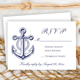 Nautical Sailor Navy Blue Anchor RSVP Wedding  Card