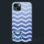 Nautical Sailor  Navy Blue Waves Stripe iPhone 13 Case<br><div class="desc">Navy blue stripe waves with your name.</div>