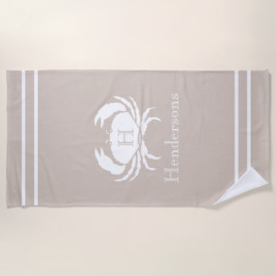 Nautical Sand Tan Taupe White Crab Monogram Name Beach Towel