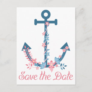 Nautical Save The Date Anchor Floral Blue & Pink Announcement Postcard