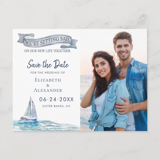 Nautical Save the Date Photo Announcement Postcard (Front)