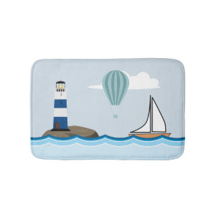 Nautical Scene with Lighthouse and Sailboat Bath Mat