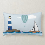 Nautical Scene with Lighthouse and Sailboat Lumbar Pillow<br><div class="desc">Digital nautical scene with a sailboat sailing in a wavy ocean and a hot air balloon floating passed a stripey lighthouse. Throw pillow.</div>