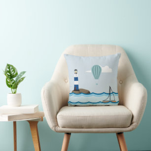 Nautical Scene with Lighthouse and Sailboat Throw Pillow