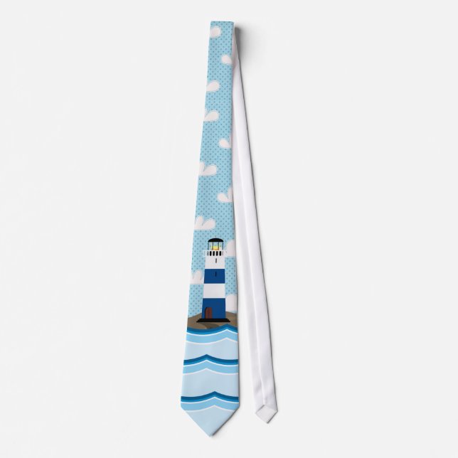 Nautical Scene with Lighthouse and Sailboat Tie (Front)