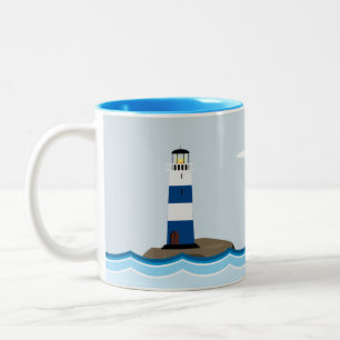 Nautical Scene with Lighthouse and Sailboat Two-Tone Coffee Mug