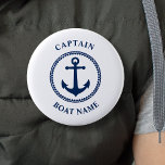 Nautical Sea Anchor Captain Boat Name Navy 2 Inch Round Button<br><div class="desc">Navy Blue Nautical Sea Anchor and Your Personalized Boat Name and Customizable Captain Rank Button.</div>