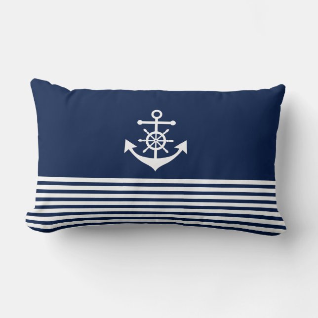 Nautical, Sea, Anchor, Stripes, Blue, White Pillow (Front)