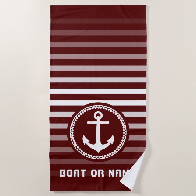 Nautical Sea Anchor Your Name or Boat Deep Red Beach Towel (Front)