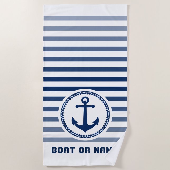 Nautical Sea Anchor Your Name or Boat Navy & White Beach Towel (Front)