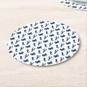 Nautical Sea Animals pattern lobster crab seahorse Round Paper Coaster