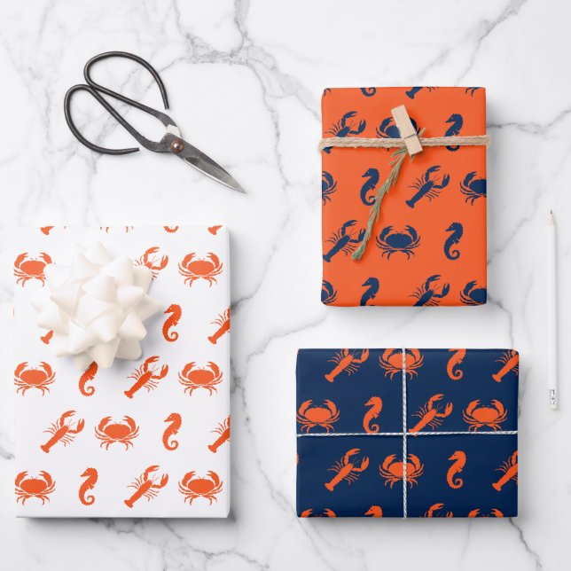 Nautical Sea Animals pattern lobster crab seahorse Wrapping Paper Sheet (Front)