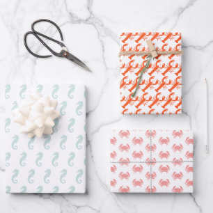 Nautical Sea Animals pattern lobster crab seahorse Wrapping Paper Sheet