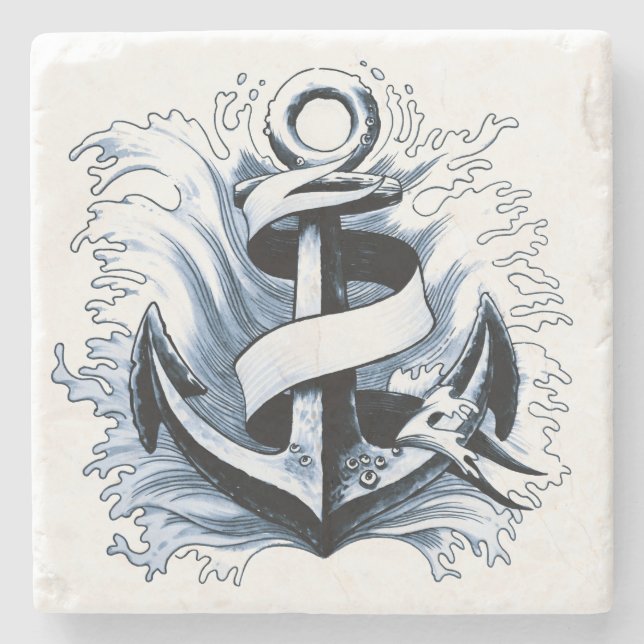 Nautical Sea Blue Anchor Stone Coaster (Front)