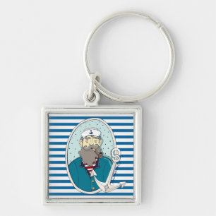 Nautical Sea Captain Blue and White Stripe Keychain