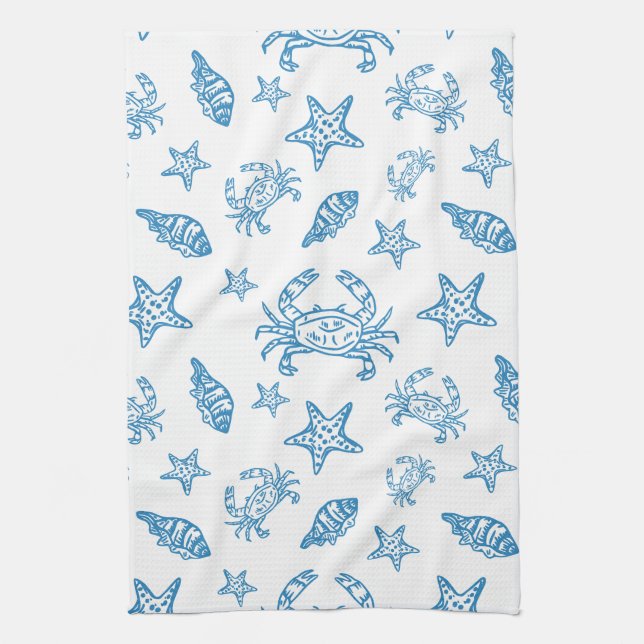 Nautical Sea Creatures Doodle Pattern Kitchen Towel (Vertical)