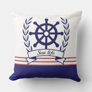 Nautical sea life & Ship wheel Blue and White Outdoor Pillow