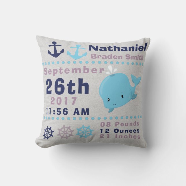 Nautical Sea Ocean Whale Sailing Birth Stats Throw Pillow (Front)