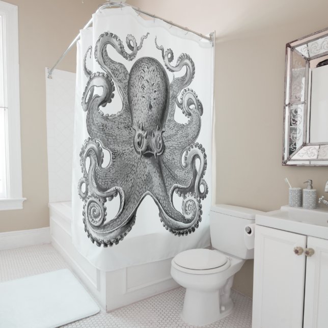 Nautical sea Octopus decor grey black white shower (In Situ)