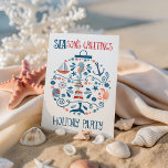 Nautical Sea Ornament Coastal Christmas Party Invitation<br><div class="desc">Beach inspired coastal holiday party invitation features a pattern of tropical fish, lighthouse, whale tail, seashell, starfish, crab, sand dollar, sailboat, seahorse and captain's wheel in the shape of a Christmas ornament with "SEAson's Greetings" in a cool nautical font. The reverse side has a navy blue background with white lettering...</div>