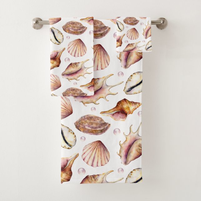 Nautical Sea Shell Pattern Bath Towel Set (Insitu)