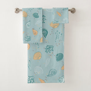 Nautical Sea Shells Pattern Marine Life Coastal Bath Towel Set