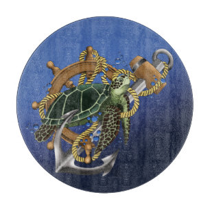 Nautical Sea Turtle Anchor Ship Wheel Blue Cutting Board