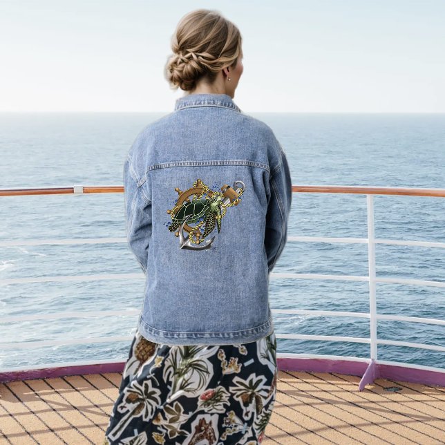 Nautical Sea Turtle Anchor Ship Wheel Blue Denim Jacket (Creator Uploaded)