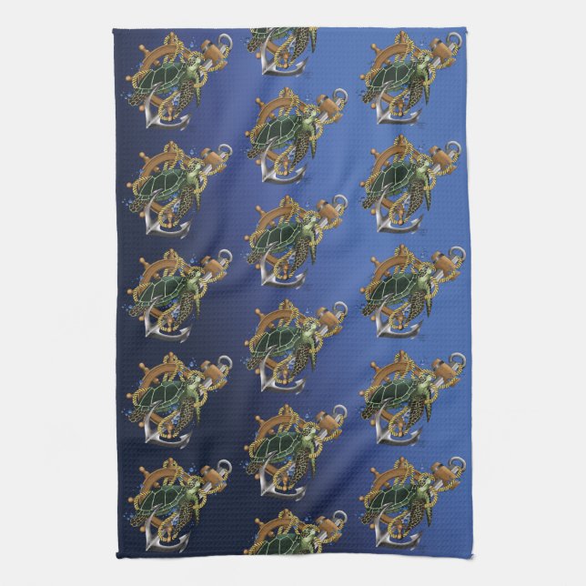Nautical Sea Turtle Anchor Ship Wheel Blue Kitchen Towel (Vertical)