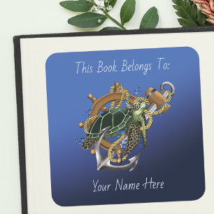 Nautical Sea Turtle Anchor Ship Wheel Blue Square Sticker