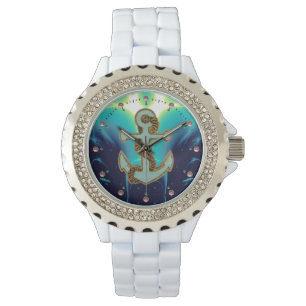 NAUTICAL / SEA WAVES ,ANCHOR AND ROPE Navy Blue Watch