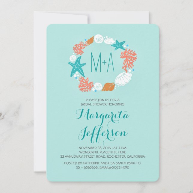 nautical sea wreath beach bridal shower invites (Front)