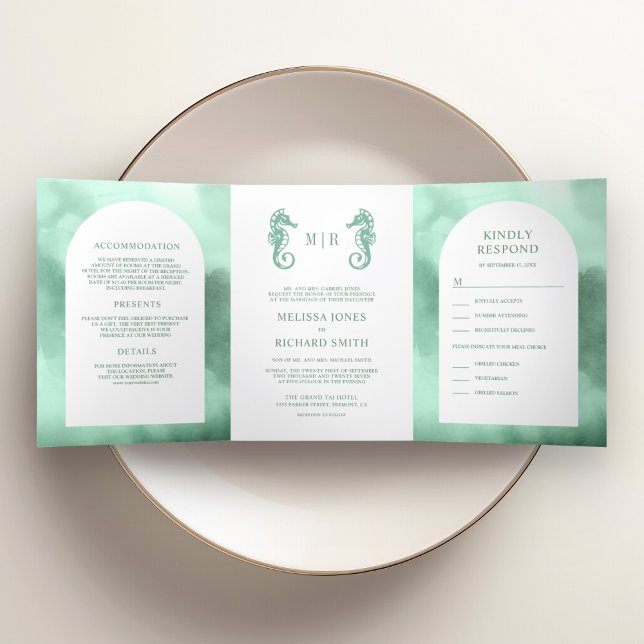 Nautical Seafoam Arch All in One Seahorse Wedding Tri-Fold Invitation (Creator Uploaded)