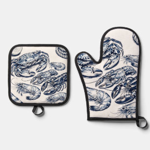 Nautical Seafood Lobster Crab Sketch Oven Mitt & Pot Holder Set